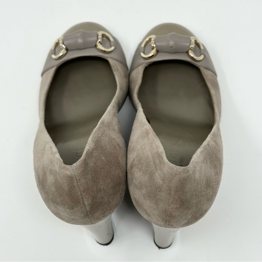 GUCCI Horsebit Accent Suede Wedge Pumps Heels Taupe Womens 35 5 - Picture 5 of 14